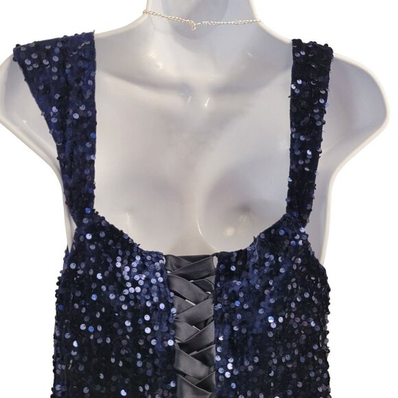 NWT Dark Navy Blue Sequin Evening Classic Sleeveless Corset Back Thigh Slit - Picture 11 of 15